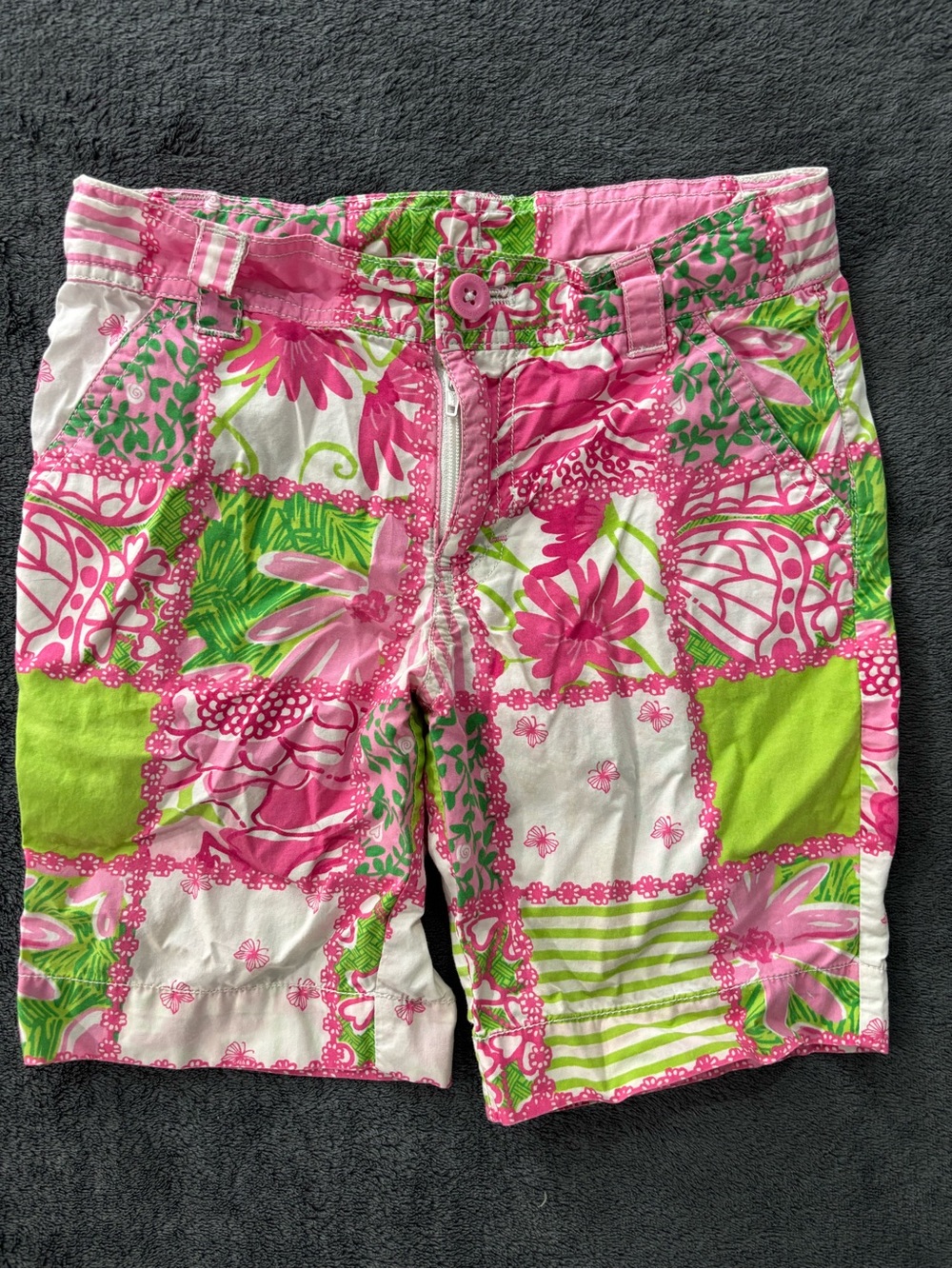 Lilly Pulitzer Girls Bermuda Shorts Sz 5 Pink Patchwork Floral Adjustable Cotton
